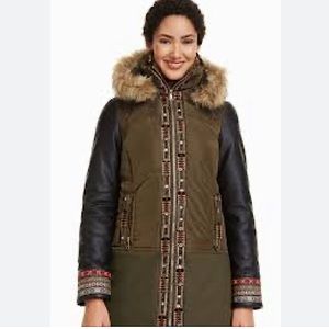 Desigual Puffer Porto olive & faux black leather embroidered winter coat
